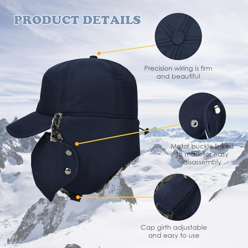 Russian Ushanka Trapper Hat, Elmer Fudd Hat with Ear Flap & Removable Mask for Men and Women, Thick Winter Warm Hat - color: Blue