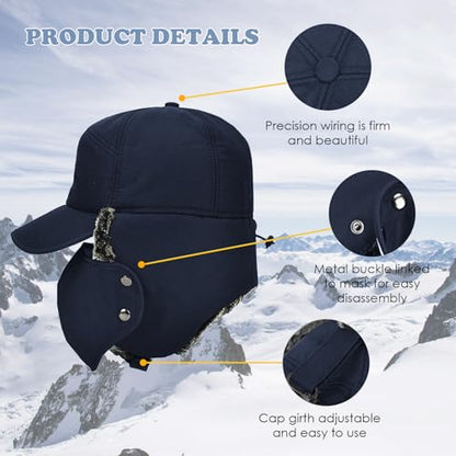 Russian Ushanka Trapper Hat, Elmer Fudd Hat with Ear Flap & Removable Mask for Men and Women, Thick Winter Warm Hat - color: Blue