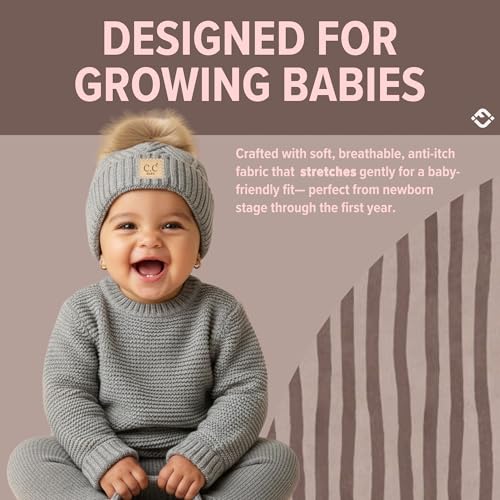 Funky Junque Baby Pom Pom Beanie – Soft Knit Infant Winter Hat for Baby Girls & Boys, Cozy Warm Newborn Beanie 0–12 Months - color: Diagonal Basketweave Pattern - Multi Heather Grey
