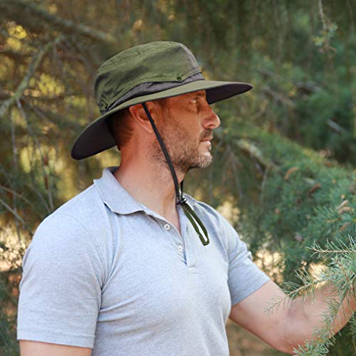 Men Safari Sun Hat Wide Brim Boonie Fishing Cap with Adjustable Drawstring - color: #Green
