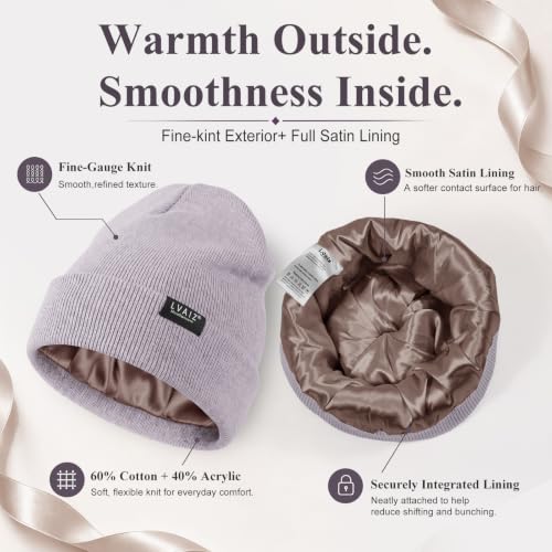 Satin Lined Winter Beanie Hats for Women Men Cotton Knitted Cuffed Knit Hat - color: Purple