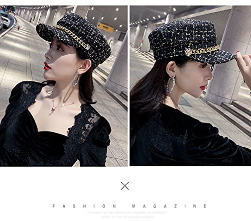 Women Plaid-Tweed Newsboy-Baker-Boy Hat Captain-Sailor Fisherman Hat Peaked-Beret with Chain - color: Black