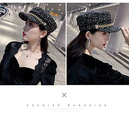 Women Plaid-Tweed Newsboy-Baker-Boy Hat Captain-Sailor Fisherman Hat Peaked-Beret with Chain - color: Black