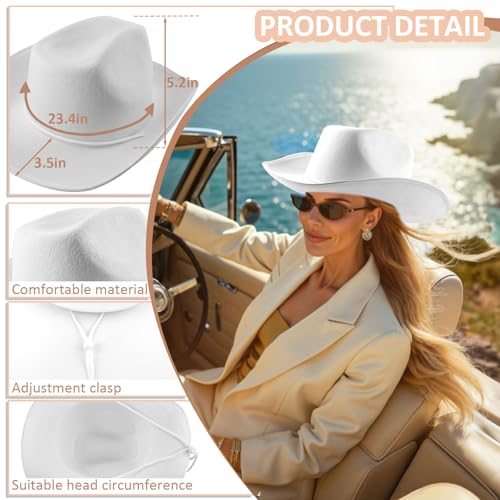 MEMOVAN Cowgirl Hat for Women Girls Western Cowboy Cowgirls Hats Felt Cowboy Hat Retro Wide Brim Western Hat - color: White-2pcs