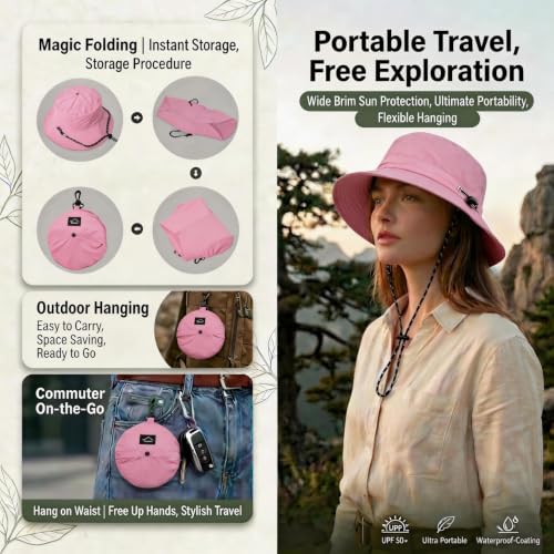 Honnesserry Bucket Hats for Woman Men Outdoor UV Sun Protection Hat Nylon - color: Pink