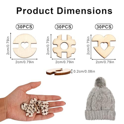 90pcs Pom Poms Buttons for Hats, Poplar Wooden Handmade Keepers Buttons Removable Beanie Button Faux Fur Pom Fastener Holder for Knitting Beanies DIY Crafted Decoration (3 Styles)
