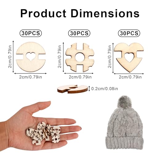 90pcs Pom Poms Buttons for Hats, Poplar Wooden Handmade Keepers Buttons Removable Beanie Button Faux Fur Pom Fastener Holder for Knitting Beanies DIY Crafted Decoration (3 Styles)