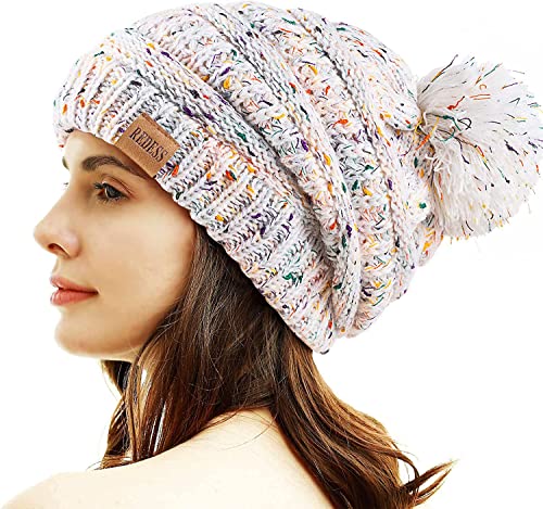 REDESS Women Winter Pom Pom Beanie Hat with Warm Fleece Lined - color: Confetti White