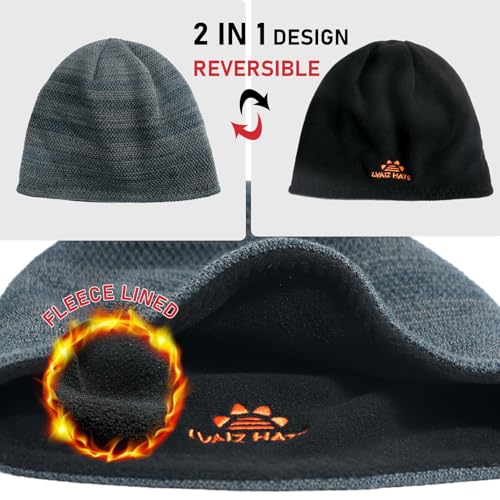 2 Pack Fleece Lined Beanie Hat Reversible Knit Skull Cap for Men Women - color: Black+mix Black