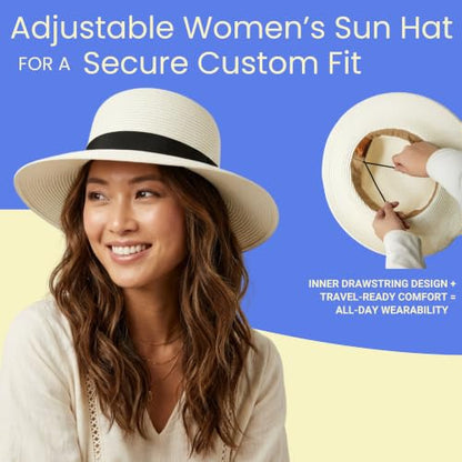 Funky Junque Wide Brim Panama Sun Hat, Womens Packable Straw - color: Ribbon Bow Trim - White