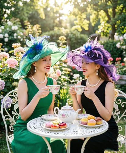 ORIDOOR Women Hats Headband Hairpin Organza Fascinator Church Hat Floral Tea Party Wedding Hat - color: 006 Green and Blue