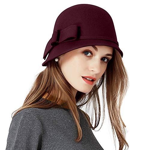Women Solid Color 100% Wool Winter Hat Women Cloche Bucket Bowler with Bowknot - color: Burgundy
