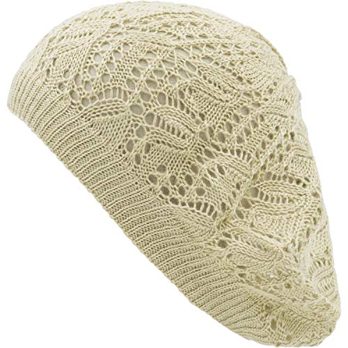 an Womens Lightweight Cut Out Knit Beanie Beret Cap Crochet Hat - Many Styles - color: Beige Leaf