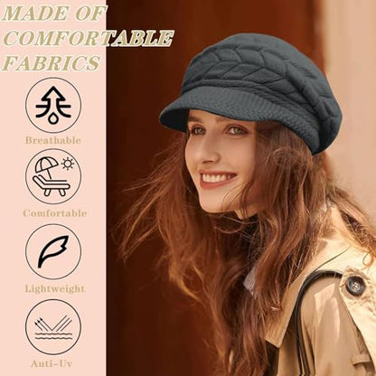 stablerice 4 Pack Womens Winter Beanie Hats Thick Warm Knit Hat with Visor Brim Wool Snow Ski Caps Chunky Soft Slouchy Cap - color: Black, Grey, Purple, White