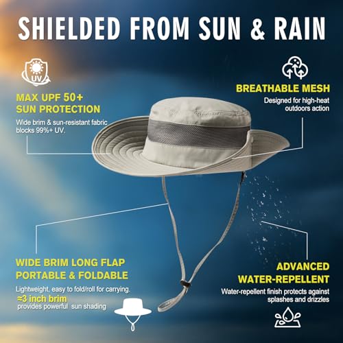 TOP-EX Oversized Waterproof Sun Hat for Big Heads with Wide Brim & Mesh - color: Khaki-3"brim, size: Medium-Large