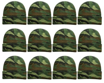 12 Pack Winter Beanie Hats for Men Women, Warm Cozy Knitted Cuffed Skull Cap, Wholesale - color: Camo