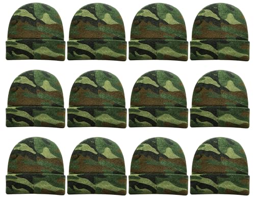 12 Pack Winter Beanie Hats for Men Women, Warm Cozy Knitted Cuffed Skull Cap, Wholesale - color: Camo