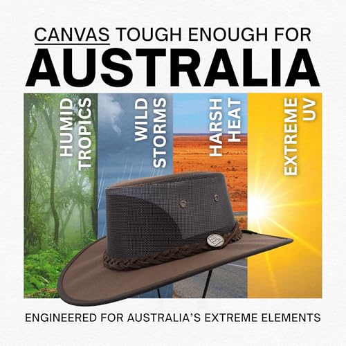1048 Canvas Cooler - Australian Drover Sun Hat - Durable Canvas, Airflow Mesh, Lightweight, Wide Brim - color: Brown, size: Large