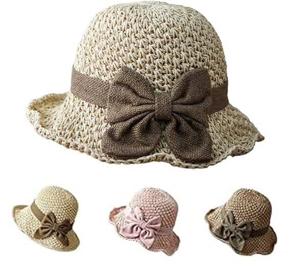 Elegant Woven Straw Sun Hat with Bow, Straw Hat with Retro Bow for Women Wide Brim Packable Travel Bucket Hats - color: Beige