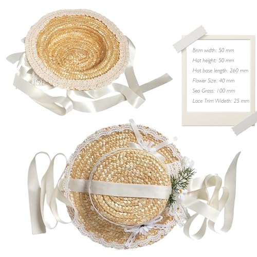 Victorian Tea Party Sun Hat, Wide Brim Straw Flat Cap - color: White