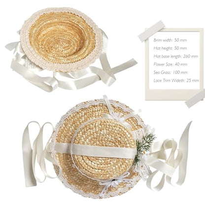 Victorian Tea Party Sun Hat, Wide Brim Straw Flat Cap - color: White