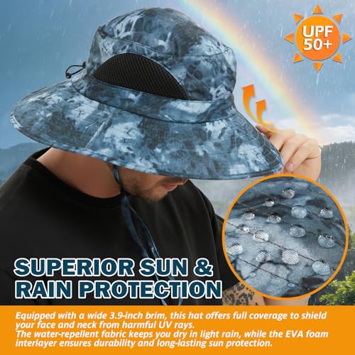 Wide Brim Sun Bucket Hat, Waterproof Boonie Hat for Men & Women - color: 05 Navy Blue (Camo)