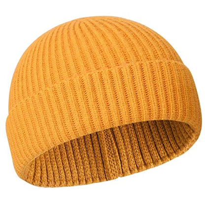 50% Wool Knit Short Fisherman Beanie for Men Women Warm Winter Hat - color: #Yellow