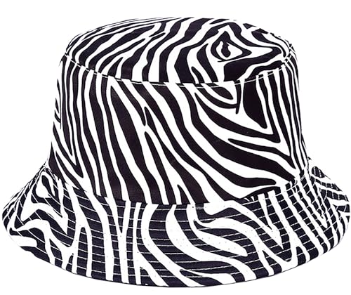 Joylife Animal Print Bucket Hat Novelty Pattern Sun Hats Reversible Packable Fishing Cap for Women, Men - color: Zebra Print, White Stripe Black Hat