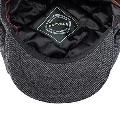BOTVELA Men's 8 Panel Wool Blend Newsboy Flat Cap - color: Black, size: 7 7/8
