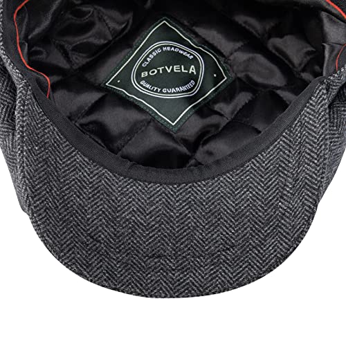 BOTVELA Men's 8 Panel Wool Blend Newsboy Flat Cap - color: Black, size: 7 3/8
