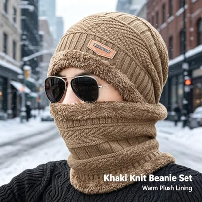 Khaki Knit Balaclava Hat Fleece Lined Winter Neck Warmer Set