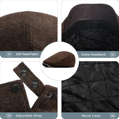 meioro Mens Wool Blend Tweed Newsboy Flat Cap Gatsby Irish Cabbie Ivy Cap Adjustable Newsboy Hat Warm Fleece Winter Hats - color: Coffee