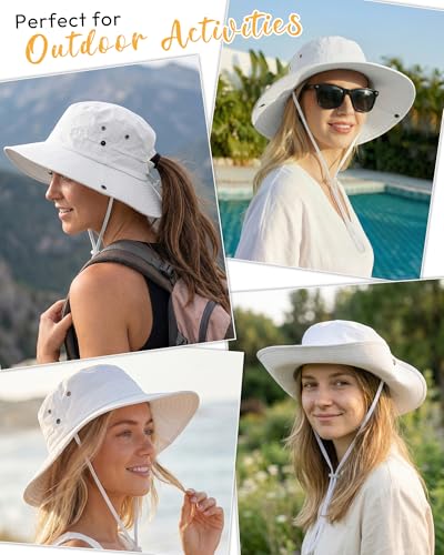 Women Sun Hat with Ponytail Hole Wide Brim Bucket Sun Protection for Summer - color: White