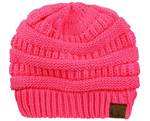 C.C Unisex Chunky Soft Stretch Cable Knit Warm Fuzzy Lined Skully Beanie - color: Candy Pink
