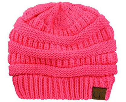 C.C Unisex Chunky Soft Stretch Cable Knit Warm Fuzzy Lined Skully Beanie - color: Candy Pink