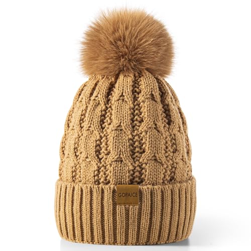 Womens Winter Knitted Beanie Hat,Warm Fleece Lined Soft Chunky Trendy Ski Cap with Cute Pom Pom - color: Khaki