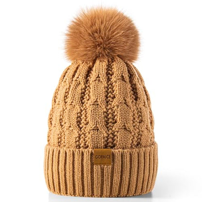 Womens Winter Knitted Beanie Hat,Warm Fleece Lined Soft Chunky Trendy Ski Cap with Cute Pom Pom - color: Khaki