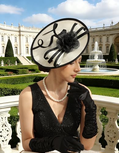 Unpifolov Fascinators Hats Elegant Women Flower Mesh Feathers Wedding Cocktail Bride Headband for Derby Hat Tea Party - color: Black+beige