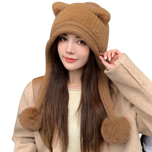 HUAMULAN Women Winter Sherpa Knit Beanie Hats with Pom Poms Ear Flaps - color: Xz3123-kase