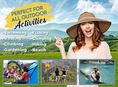 Straw Sun Visor for Women, Wide Brim UPF 50+ Protection Beach Hat, Adjustable, Roll Up Foldable Ponytail Cap with Chin Strap - color: Beige