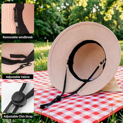 DRESHOW Sun Hats for Women Travel Fedora Foldable Beach Sun Hat Summer Wide Brim Straw Bucket Hat with Bowknot UPF 50+ - color: 1 Pack With Bowknot: Dusty Pink With Beige Band