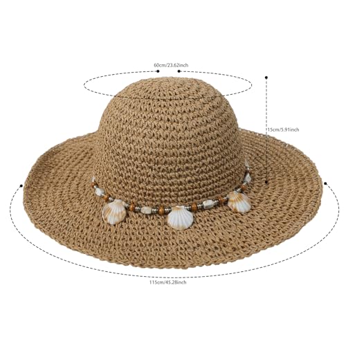 Womens Straw Sun Hat Wide Brim Summer Beach Hat with Beaded Trim Summer Foldable Floppy Hat for Travel Vacation UV Protection - color: Light Brown 2