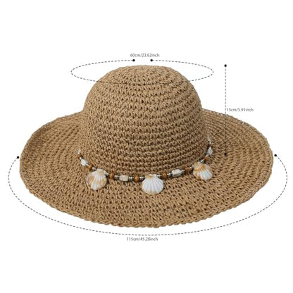 Womens Straw Sun Hat Wide Brim Summer Beach Hat with Beaded Trim Summer Foldable Floppy Hat for Travel Vacation UV Protection - color: Light Brown 2