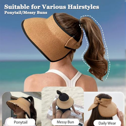 Women's Sun Visor Hats Wide Brim Straw Beach Hat Ponytail Hats for Women Foldable Floppy - color: 1pack-khakiblack