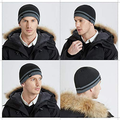 Mens Winter Beanie Hat Warm Knit Cuffed Plain Toboggan Ski Skull Cap (3 Patterns) - color: Black