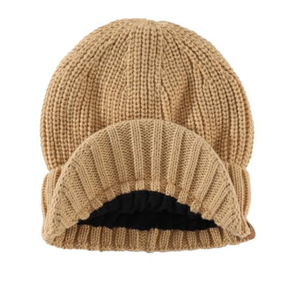 Home Prefer Men's Winter Hat Thick Knit Beanie Cap with Visor Newsboy Beanie Hat - color: Khaki Apricot