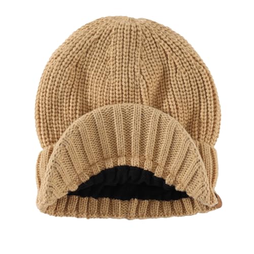 Home Prefer Men's Winter Hat Thick Knit Beanie Cap with Visor Newsboy Beanie Hat - color: Khaki Apricot