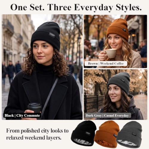 3 Pack Satin Lined Beanies for Men and Women Silk Warm Cuffed Winter Hats - color: Black+brown+dark Grey