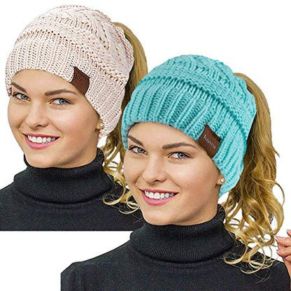 Rosoz 2 Pack Ponytail Beanie for Women,Winter Warm Beanie Tail Soft Stretch Cable Knit Messy High Bun Hat - color: 2pack-beige/Lake Blue