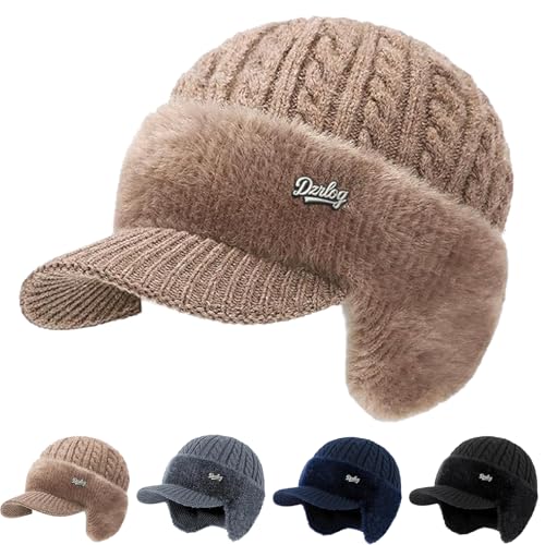 Winter Trapper Beanie Hats for Women Men, Fleece Lined Knit Hat with Brim Ear Flaps, Ear Warmers Cold Cap - color: Khaki